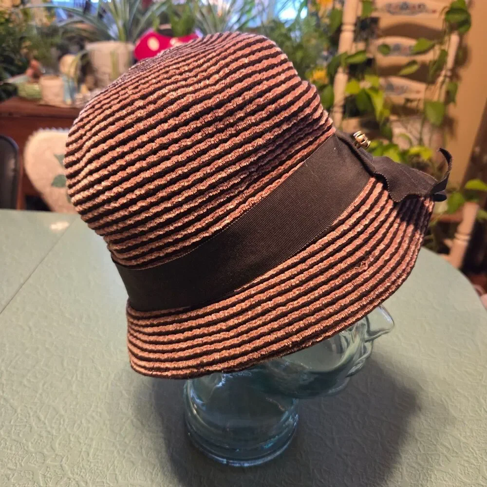 Vintage 1950s Nancy Eileen Modes Fabric Bucket Cloche Hat Brown Striped Small
